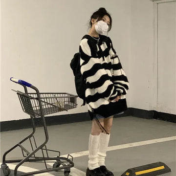 Getadme-Harajuku Striped Oversized Sweater Women Vintage Hollow Out Knitted Jumper Korean Casual Pullover Tops Y2K Streetwear